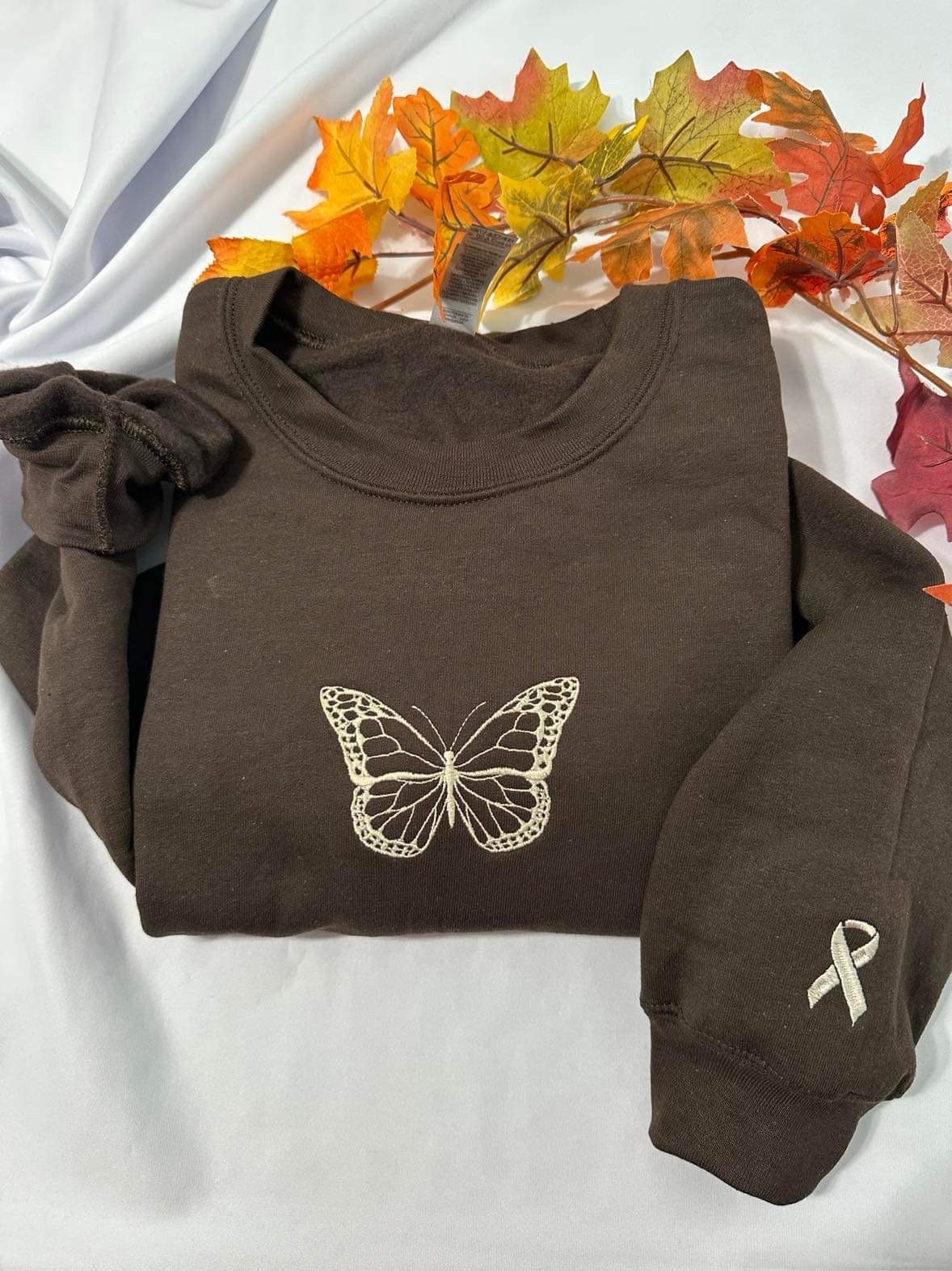 Butterfly with a ribbon on the sleeve embroidered sweatshirt; Breast Cancer awareness embroidered crewneck